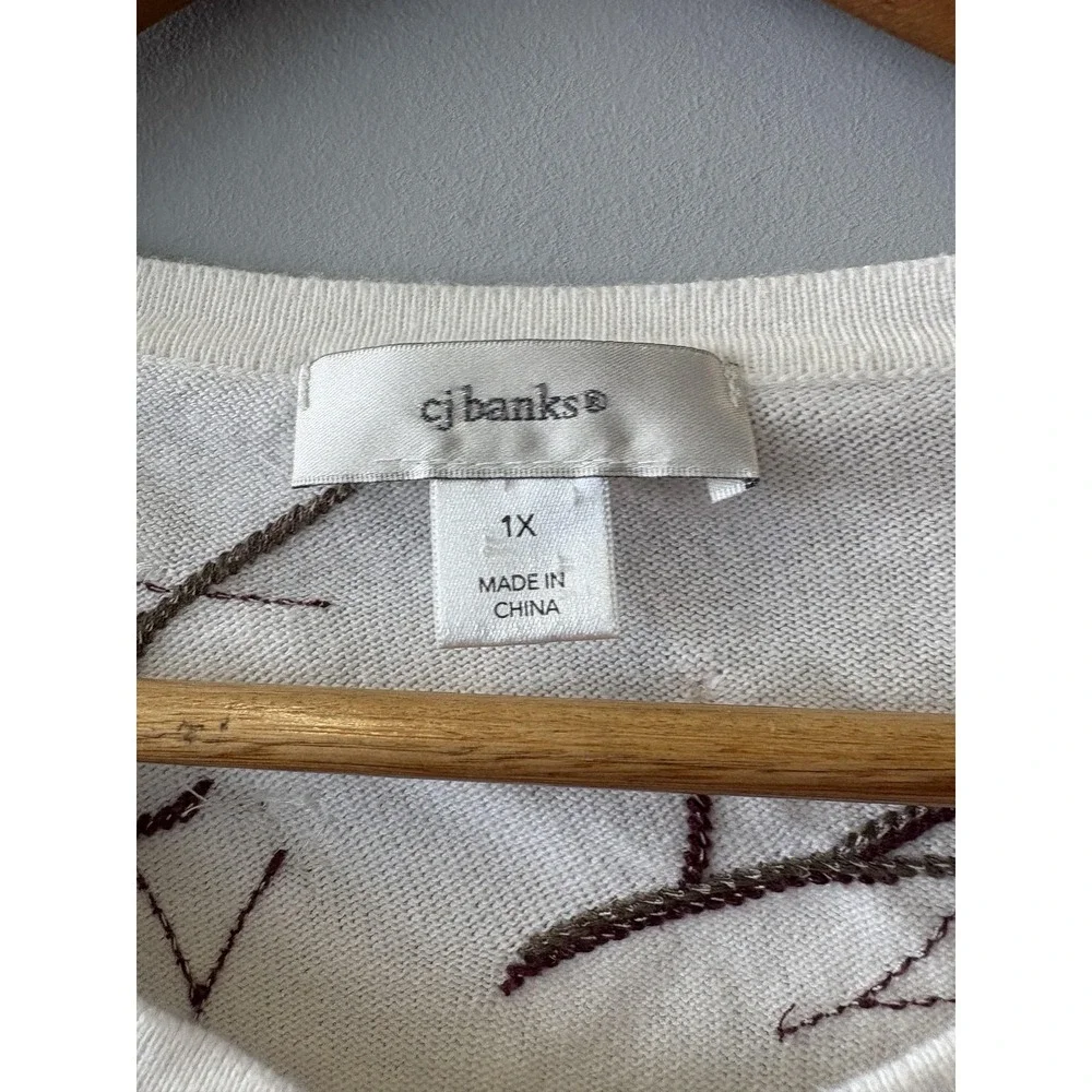 CJ Banks Cardigan Sweater Womens 1X White Cardinal Bird Embroidered Button Front